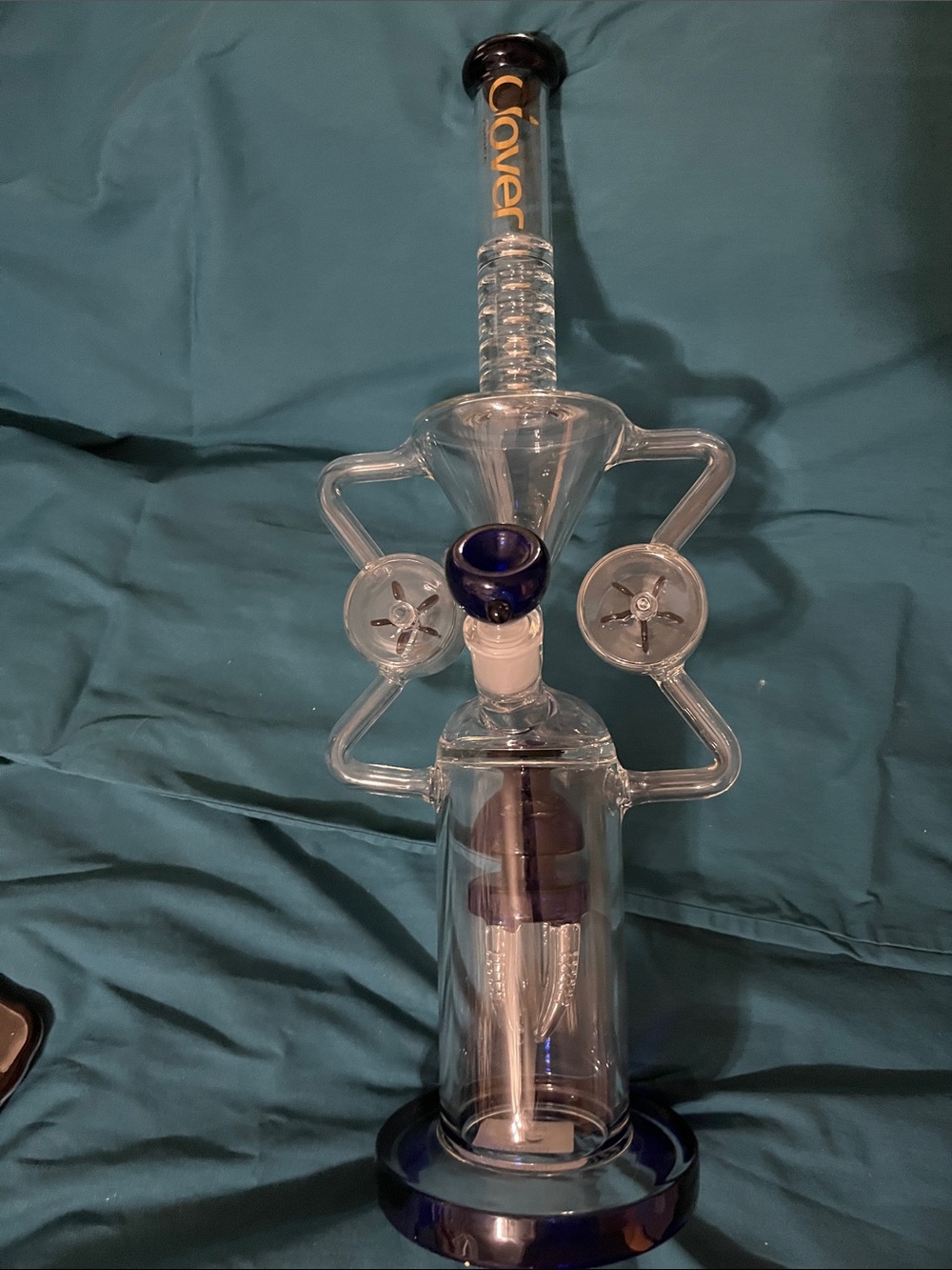 Clover Glass Recycler  Unique Clear with  Blue Glass Accents  with Blue Trim